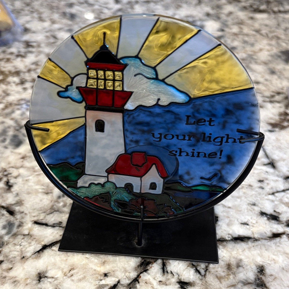Lighthouse Stained Glass Art with Stand Let Your Light Shine with tea light.
